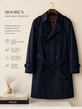 Moore's Navy Double-Breasted Trench Coat with Belt